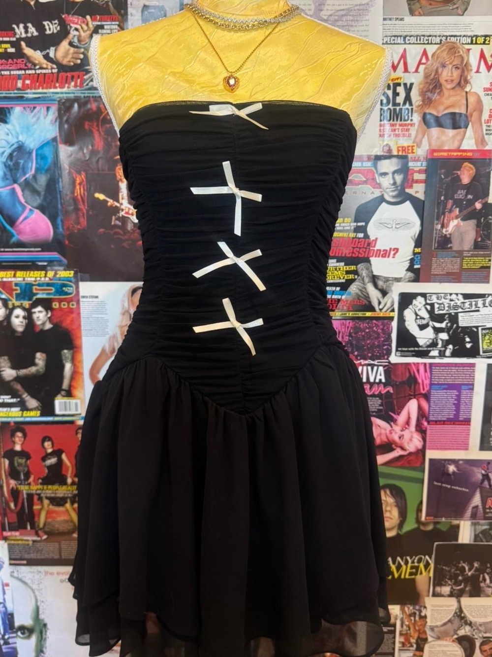 privy Black Strapless Ruching Dress with White Ribbon Accents
